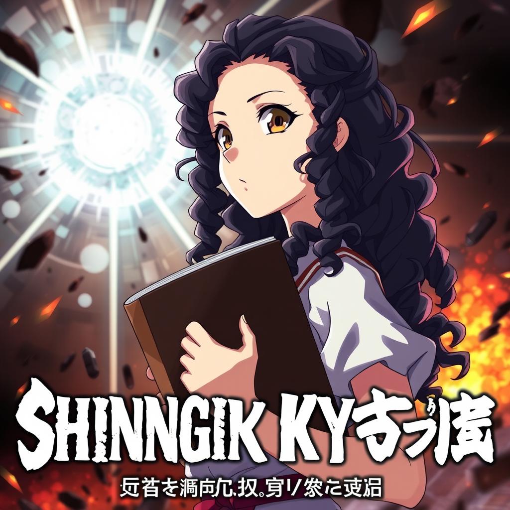 Create a poster in the style of 'Shingeki no Kyojin' featuring a girl with long dark curly hair holding a book, looking towards the future