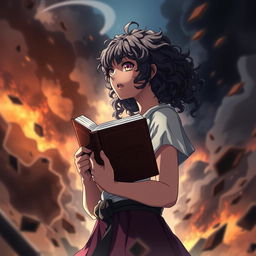 Create a poster in the style of 'Shingeki no Kyojin' featuring a girl with long dark curly hair holding a book, looking towards the future