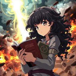 Create a poster in the style of 'Shingeki no Kyojin' featuring a girl with long dark curly hair holding a book, looking towards the future