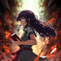 Create a poster in the style of 'Shingeki no Kyojin' featuring a girl with long dark curly hair holding a book, looking towards the future