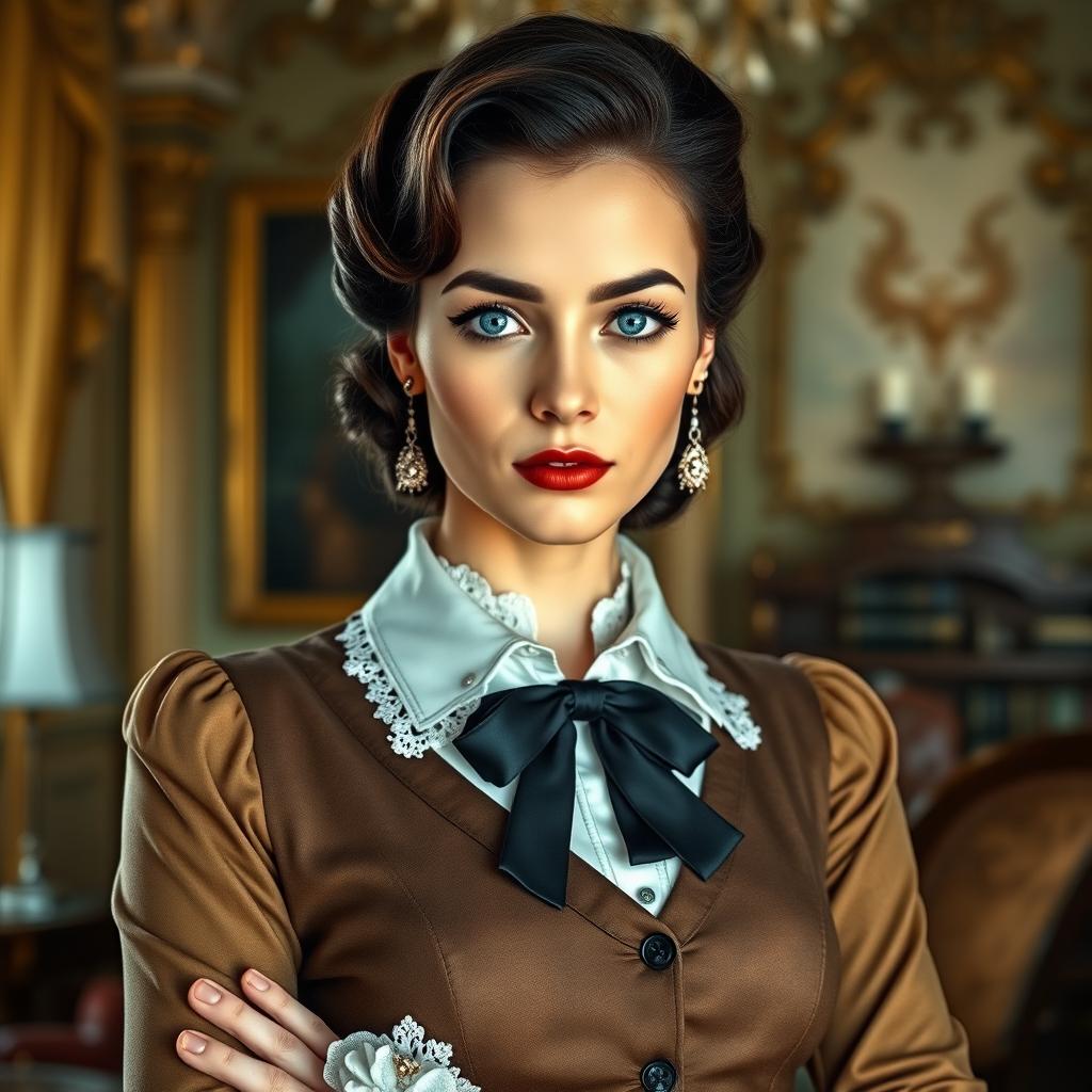 A petite woman with striking blue eyes dressed in elegant, vintage attire