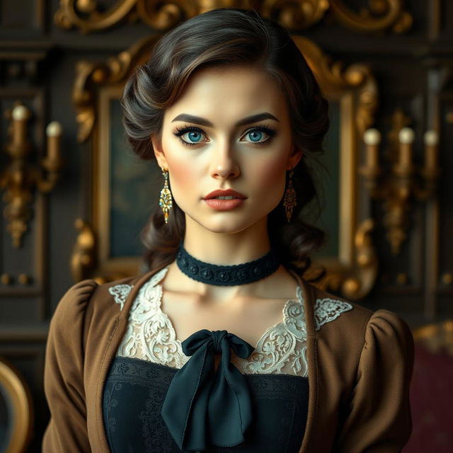 A petite woman with striking blue eyes dressed in elegant, vintage attire