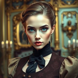 A petite woman with striking blue eyes dressed in elegant, vintage attire