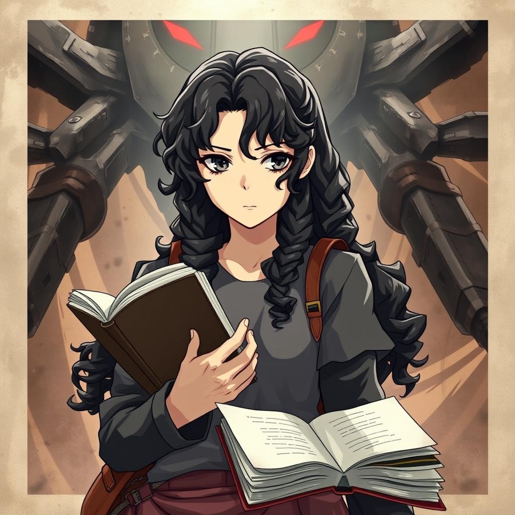 Create a poster in the style of Shingeki no Kyojin featuring a girl with long dark curly hair holding a book and studying