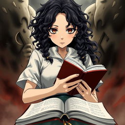 Create a poster in the style of Shingeki no Kyojin featuring a girl with long dark curly hair holding a book and studying