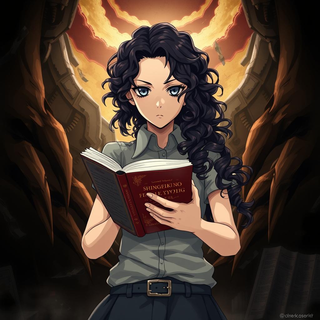 Create a poster in the style of Shingeki no Kyojin featuring a girl with long dark curly hair holding a book and studying