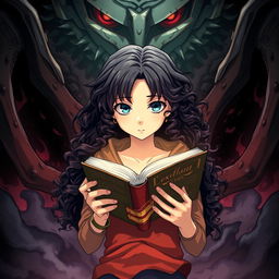 Create a poster in the style of Shingeki no Kyojin featuring a girl with long dark curly hair holding a book and studying