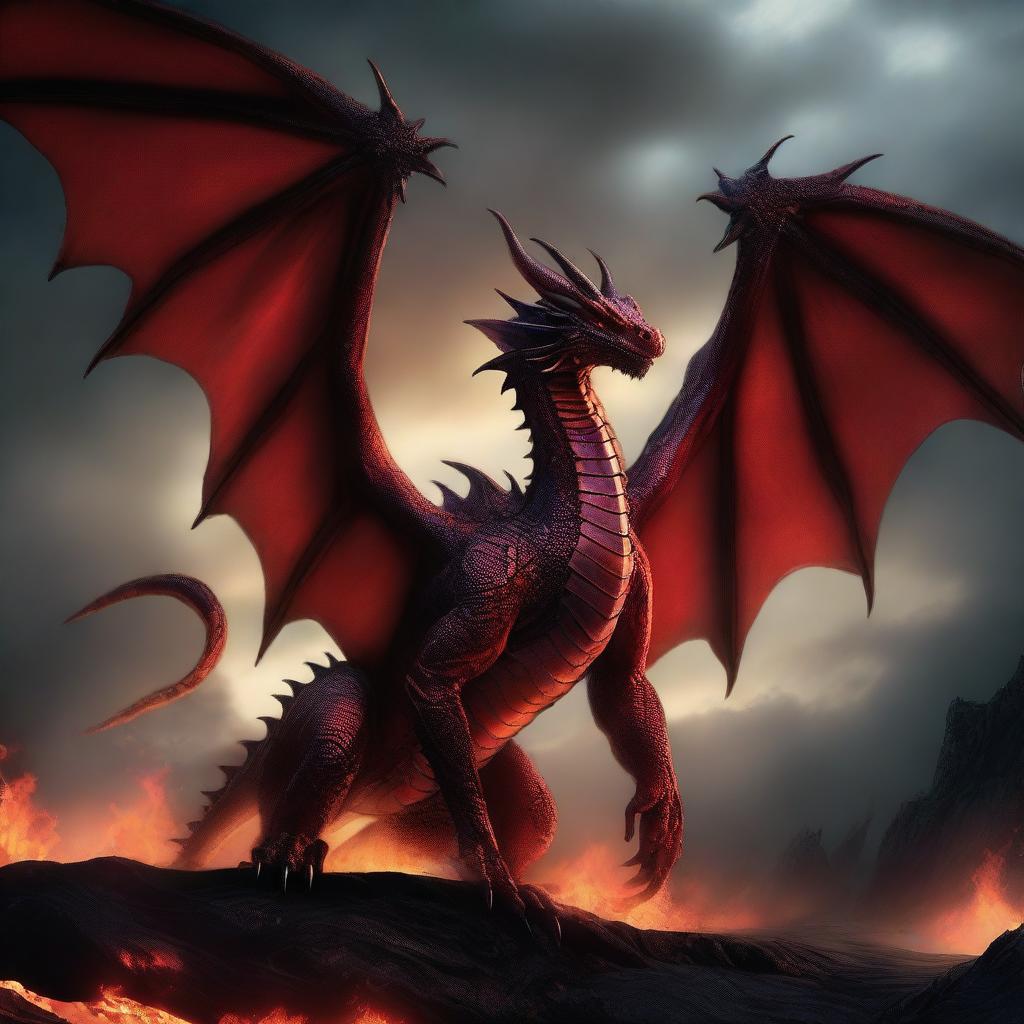 A massive ancient red dragon with dark, nearly blackened scales, glowing fiery eyes, and wings spread wide, exhaling shadowy flames that consume the landscape