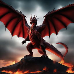 A massive ancient red dragon with dark, nearly blackened scales, glowing fiery eyes, and wings spread wide, exhaling shadowy flames that consume the landscape