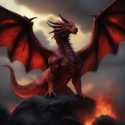 A massive ancient red dragon with dark, nearly blackened scales, glowing fiery eyes, and wings spread wide, exhaling shadowy flames that consume the landscape