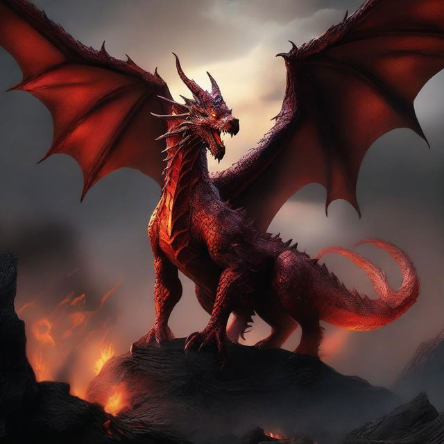 A massive ancient red dragon with dark, nearly blackened scales, glowing fiery eyes, and wings spread wide, exhaling shadowy flames that consume the landscape