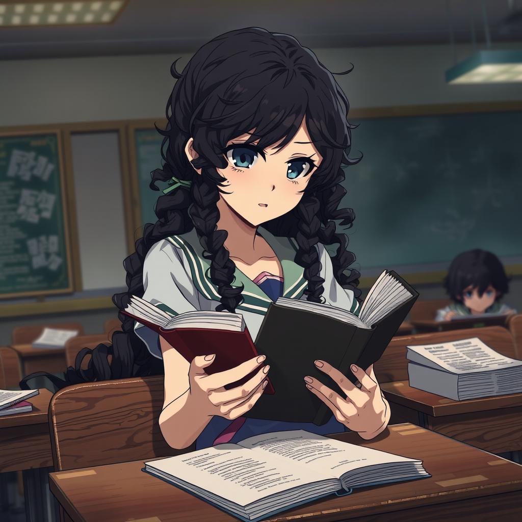 Create a poster in the style of 'Shingeki no Kyojin' featuring a girl with long dark curly hair holding a book, studying in a classroom