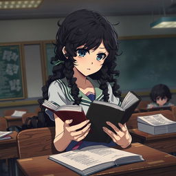 Create a poster in the style of 'Shingeki no Kyojin' featuring a girl with long dark curly hair holding a book, studying in a classroom