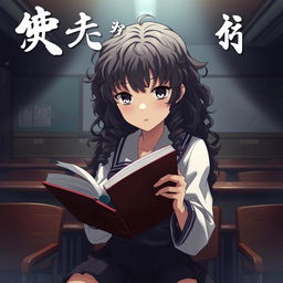 Create a poster in the style of 'Shingeki no Kyojin' featuring a girl with long dark curly hair holding a book, studying in a classroom