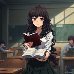 Create a poster in the style of 'Shingeki no Kyojin' featuring a girl with long dark curly hair holding a book, studying in a classroom