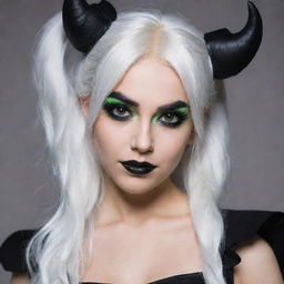 Photograph of a 30-year-old girl of average build, with white hair, dressed in a dark demon-themed cosplay. She has long square proportional facial features, dimples in her cheeks, bow lips, large black eyebrows, smooth medium green eyes, and swarthy skin