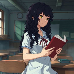 Create an image in the style of Shingeki no Kyojin featuring a girl with long dark curly hair holding a book, studying in a classroom