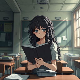 Create an image in the style of Shingeki no Kyojin featuring a girl with long dark curly hair holding a book, studying in a classroom