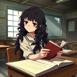 Create an image in the style of Shingeki no Kyojin featuring a girl with long dark curly hair holding a book, studying in a classroom