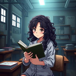 Create an image in the style of Shingeki no Kyojin featuring a girl with long dark curly hair holding a book, studying in a classroom