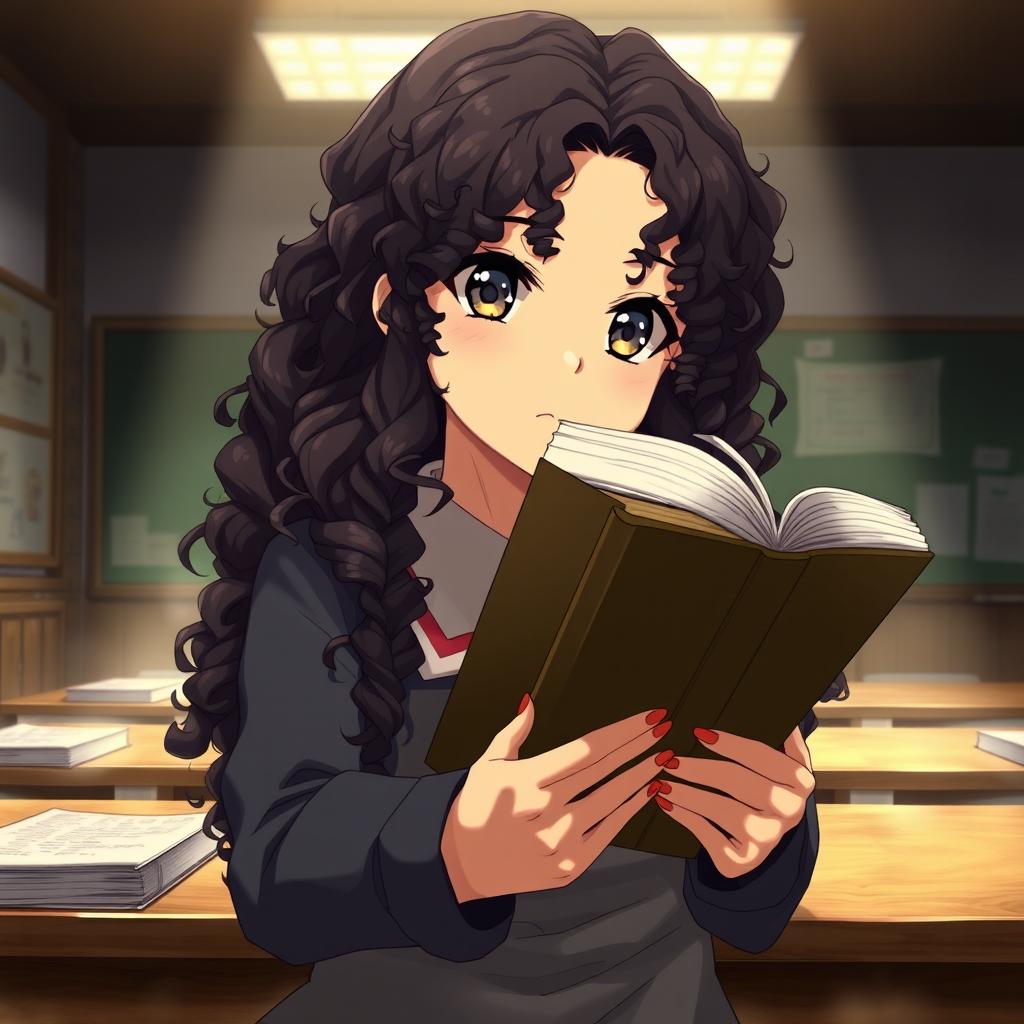 Create an image in the style of 'Shingeki no Kyojin' featuring a girl with long dark curly hair holding a book and studying in a classroom