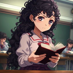 Create an image in the style of 'Shingeki no Kyojin' featuring a girl with long dark curly hair holding a book and studying in a classroom