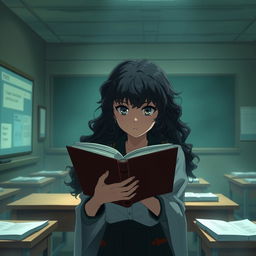 Create an image in the style of 'Shingeki no Kyojin' featuring a girl with long dark curly hair holding a book and studying in a classroom