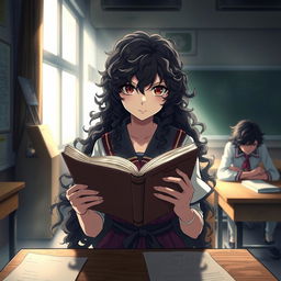 Create an image in the style of 'Shingeki no Kyojin' featuring a girl with long dark curly hair holding a book and studying in a classroom