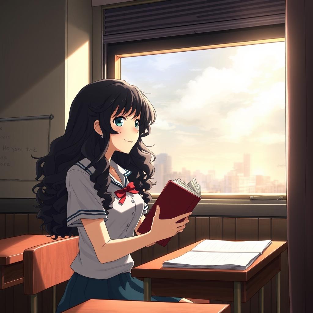 Create an image in the style of Shingeki no Kyojin featuring a girl with long dark curly hair, smiling, and holding a book while studying in a classroom