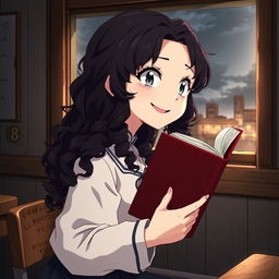 Create an image in the style of Shingeki no Kyojin featuring a girl with long dark curly hair, smiling, and holding a book while studying in a classroom