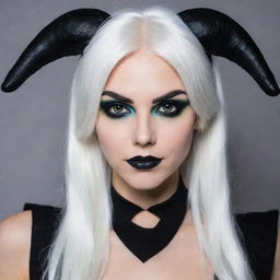 Photograph of a 30-year-old girl of average build, with white hair, dressed in a dark demon-themed cosplay. She has long square proportional facial features, dimples in her cheeks, bow lips, large black eyebrows, smooth medium green eyes, and swarthy skin