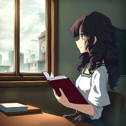 Create an image in the style of Shingeki no Kyojin featuring a girl with long dark curly hair, smiling, and holding a book while studying in a classroom