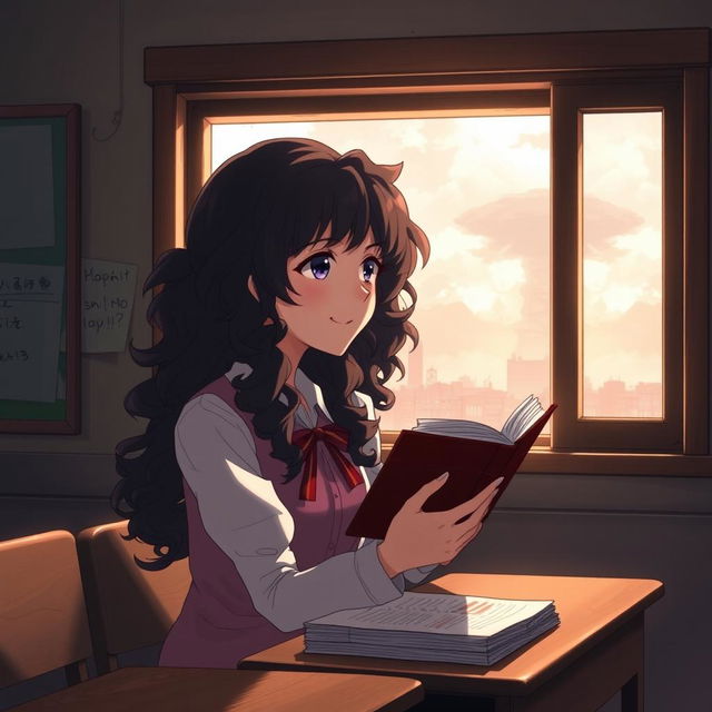 Create an image in the style of Shingeki no Kyojin featuring a girl with long dark curly hair, smiling, and holding a book while studying in a classroom