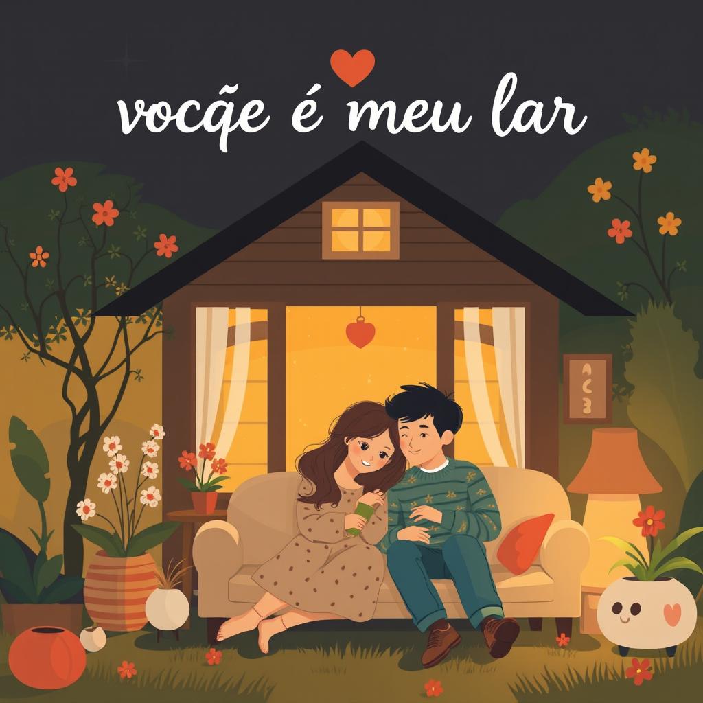 A heartwarming scene depicting the phrase 'você é meu lar' (you are my home) with a cozy and inviting atmosphere