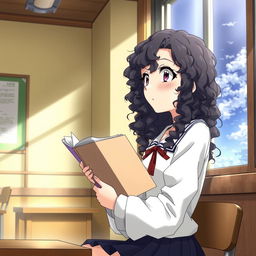 Create an image in the style of 'Shingeki no Kyojin' featuring a girl with long dark curly hair holding a book, studying in a classroom, and looking out the window