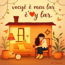 A heartwarming scene depicting the phrase 'você é meu lar' (you are my home) with a cozy and inviting atmosphere