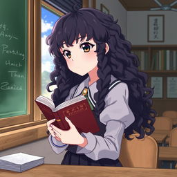 Create an image in the style of 'Shingeki no Kyojin' featuring a girl with long dark curly hair holding a book, studying in a classroom, and looking out the window