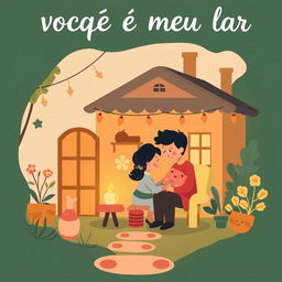 A heartwarming scene depicting the phrase 'você é meu lar' (you are my home) with a cozy and inviting atmosphere