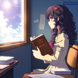 Create an image in the style of 'Shingeki no Kyojin' featuring a girl with long dark curly hair holding a book, studying in a classroom, and looking out the window