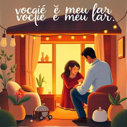 A heartwarming scene depicting the phrase 'você é meu lar' (you are my home) with a cozy and inviting atmosphere