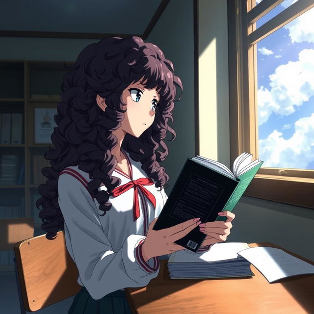 Create an image in the style of 'Shingeki no Kyojin' featuring a girl with long dark curly hair holding a book, studying in a classroom, and looking out the window