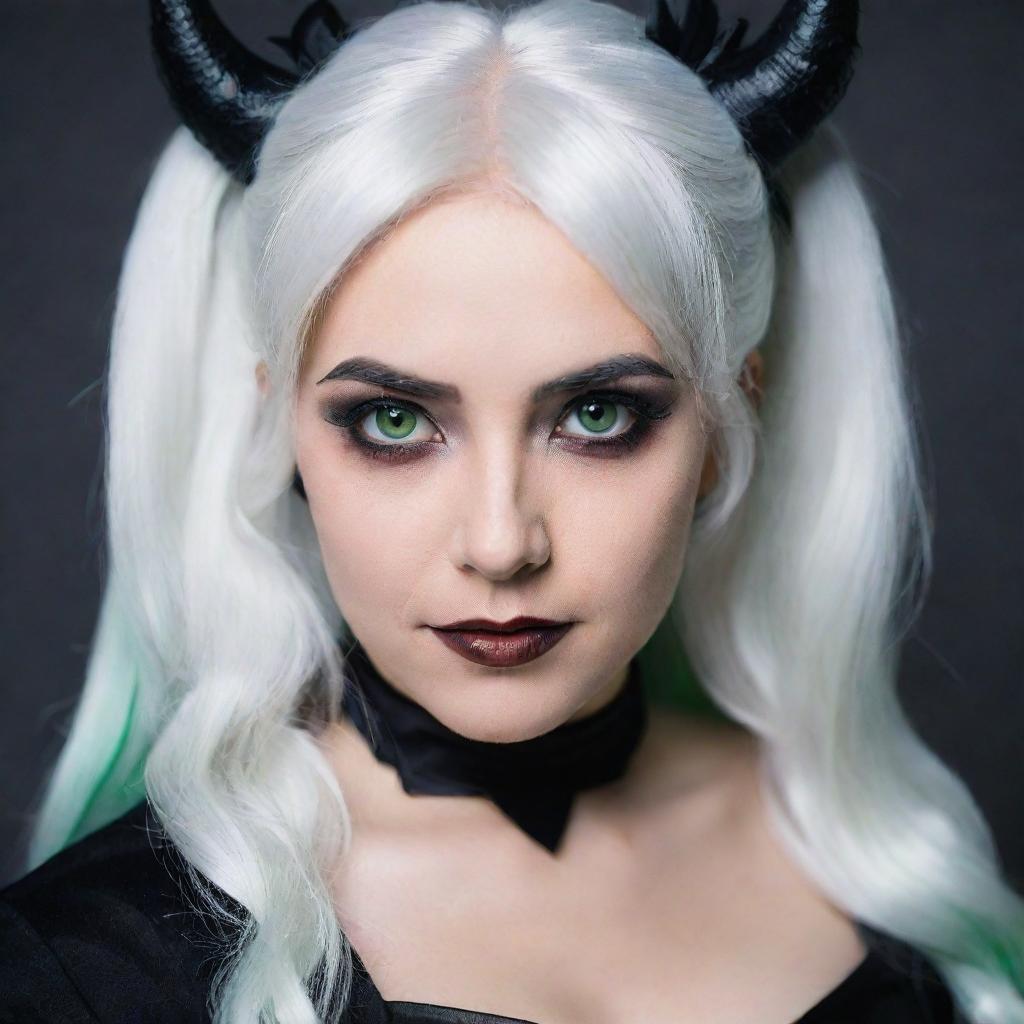 Photograph of a 30-year-old girl of average build, with white hair, dressed in a dark demon-themed cosplay. She has long square proportional facial features, dimples in her cheeks, bow lips, large black eyebrows, smooth medium green eyes, and swarthy skin