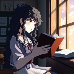 Create an image in the style of 'Shingeki no Kyojin' featuring a girl with long dark curly hair holding a book, studying in a classroom, and looking out the window