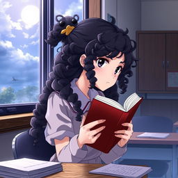 Create an image in the style of 'Shingeki no Kyojin' featuring a girl with long dark curly hair holding a book, studying in a classroom, and looking out the window