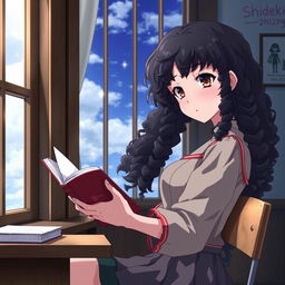 Create an image in the style of 'Shingeki no Kyojin' featuring a girl with long dark curly hair holding a book, studying in a classroom, and looking out the window