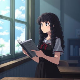 Create an image in the style of 'Shingeki no Kyojin' featuring a girl with long dark curly hair holding a book, studying in a classroom, and looking out the window