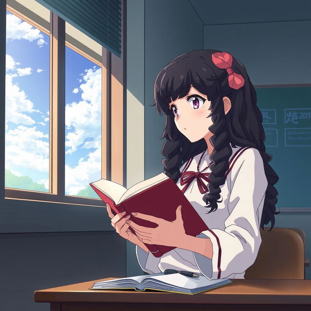 Create an image in the style of 'Shingeki no Kyojin' featuring a girl with long dark curly hair holding a book, studying in a classroom, and looking out the window