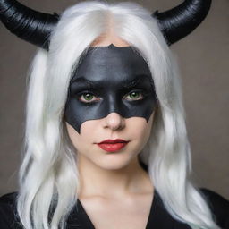 Photograph of a 30-year-old girl of average build, with white hair, dressed in a dark demon-themed cosplay. She has long square proportional facial features, dimples in her cheeks, bow lips, large black eyebrows, smooth medium green eyes, and swarthy skin