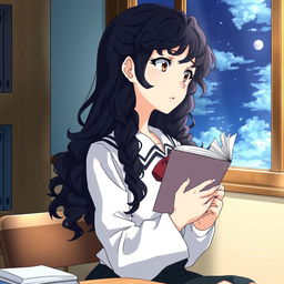 Create an image in the style of 'Shingeki no Kyojin' featuring a girl with long dark curly hair holding a book, studying in a classroom, and looking out the window