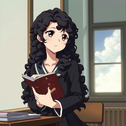 Create an image in the style of 'Shingeki no Kyojin' featuring a girl with long dark curly hair holding a book, studying in a classroom, and looking out the window